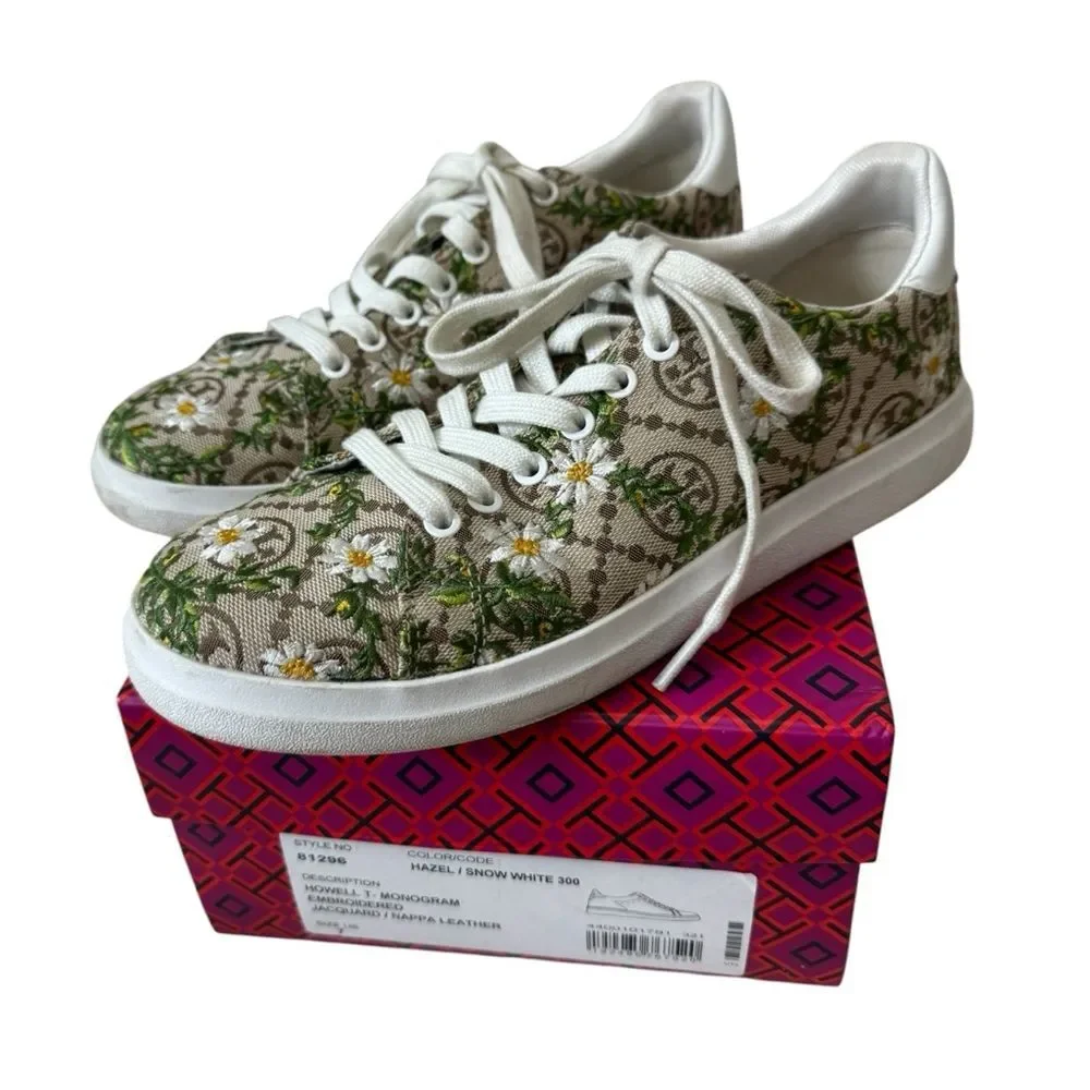 Tory Burch Women's T Monogram Howell Floral-embroidered Sneakers Size 7